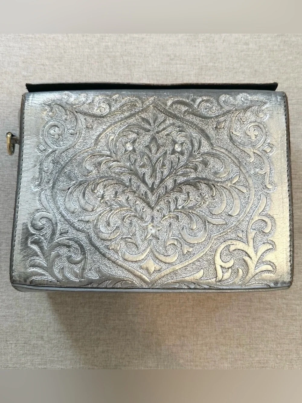 Carolina Crowley Chiseled Tooled Leather Silver Clutch Purse